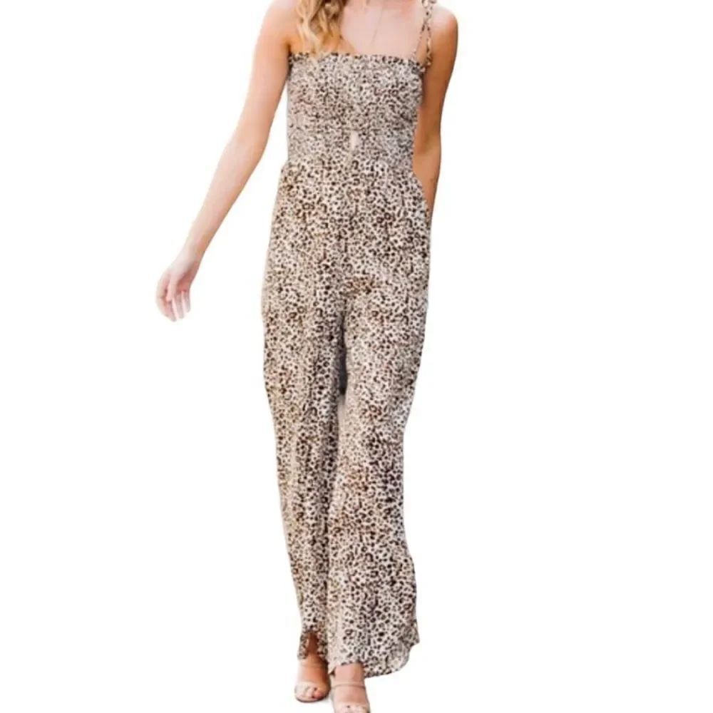 Japna Large Leopard Print Jumpsuit Bell Hem Pockets Smocked Spaghetti Straps